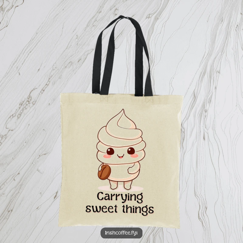 Funny smiling whipped cream character holding a tiny coffee bean on a tote bag, perfect for carrying items with sweet charm.