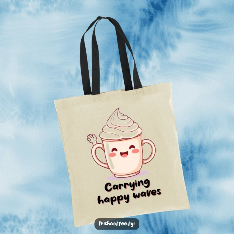 Funny tote bag with a jubilant whipped cream character on a mug, cheerfully waving a friendly hello.