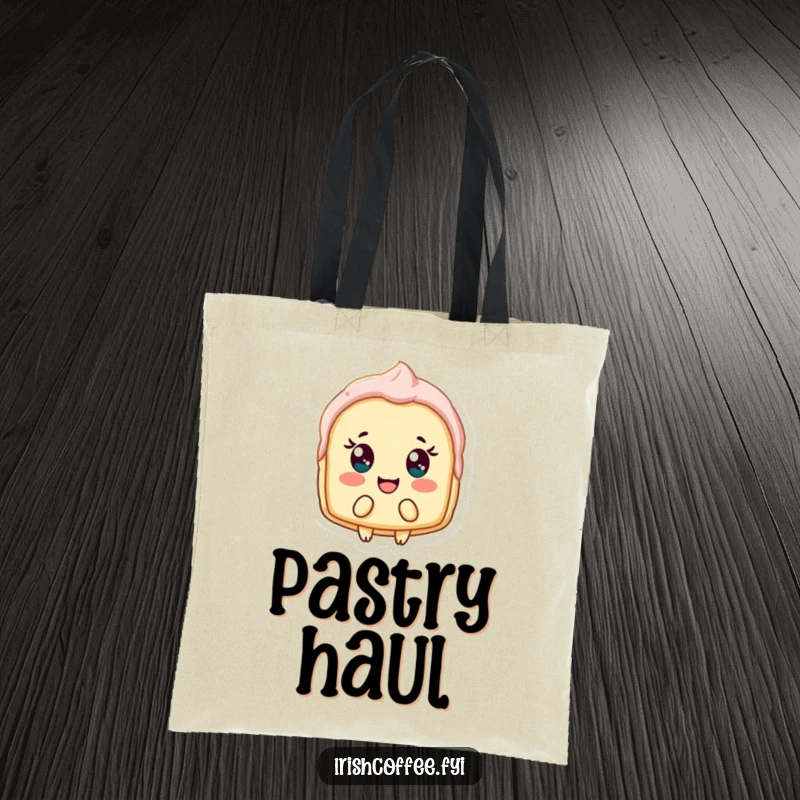 Funny tote bag illustrating a delighted pastry shard bobbing, perfect for shopping with a side of sweet humor.