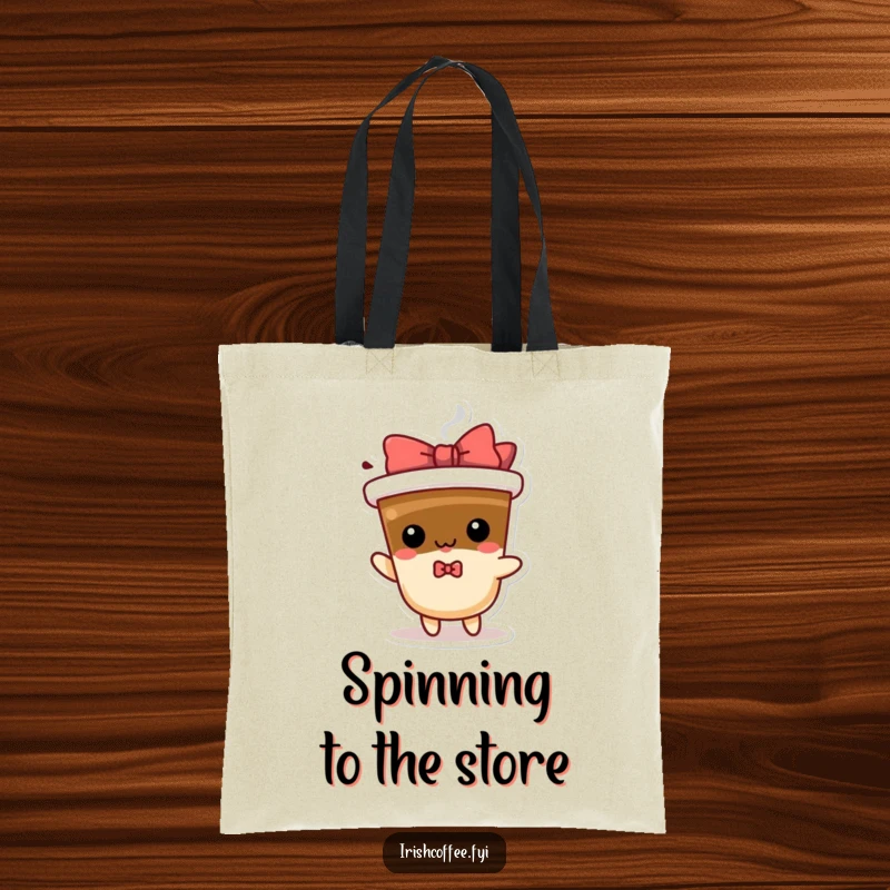 Funny spinning coffee tote bag with a playful character and bow, great for shopping and a dose of coffee-themed fun.